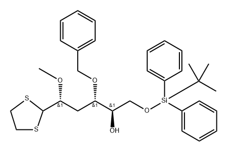 D-ribo-Hexose, 3-deoxy-6-O-(1,1-dimethylethyl)diphenylsilyl-2-O-methyl-4-O-(phenylmethyl)-, cyclic 1,2-ethanediyl dithioacetal Structure