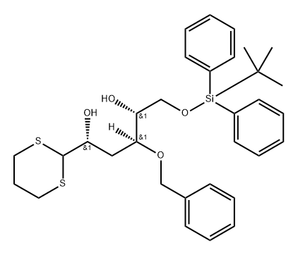 D-ribo-Hexose, 3-deoxy-6-O-(1,1-dimethylethyl)diphenylsilyl-4-O-(phenylmethyl)-, cyclic 1,3-propanediyl dithioacetal 化学構造式