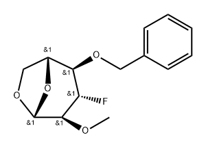 .beta.-D-Glucopyranose, 1,6-anhydro-3-deoxy-3-fluoro-2-O-methyl-4-O-(phenylmethyl)- 化学構造式