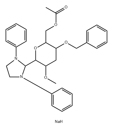 D-ribo-Hexitol, 1,5-anhydro-3-deoxy-1-C-(1,3-diphenyl-2-imidazolidinyl)-2-O-methyl-4-O-(phenylmethyl)-, 6-acetate, monosodium salt, (1S)- 化学構造式
