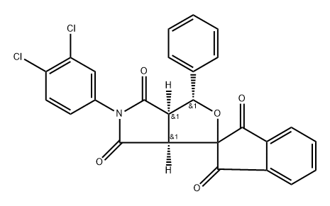 (3R,3aR,6aS)-5-(3,4-Dichlorophenyl)-3-phenyl-3,3a-dihydrospiro[furo[3,4-c]pyrrole-1,2'-indene]-1',3',4,6(5H,6aH)-tetraone 化学構造式