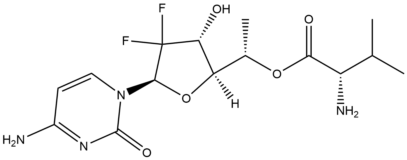 2'-deoxy-2',2'-difluoro-5'(S)-C-methyl-5'-O-(L-valinyl)cytidine 化学構造式