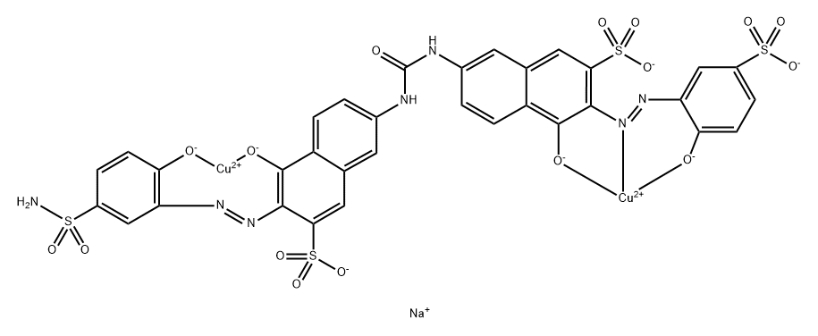 Cuprate(3-), [μ-[3-[[5-(aminosulfonyl) -2-hydroxyphenyl]azo]-4-hydroxy-7-[[[[5-hydroxy-6 -[(2-hydroxy-5-sulfophenyl)azo]-7-sulfo-2-naphthaleny l]amino]carbonyl]amino]-2-naphthalenesulfonato (7-)]]di-, trisodium Struktur