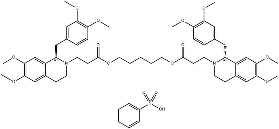 2(1H)-Isoquinolinepropanoic acid, 1-[(3,4-dimethoxyphenyl)methyl]-3,4-dihydro-6,7-dimethoxy-, 2,2'-(1,5-pentanediyl) ester, (1R,1'R)-, benzenzesulfonate (1:2) Structure