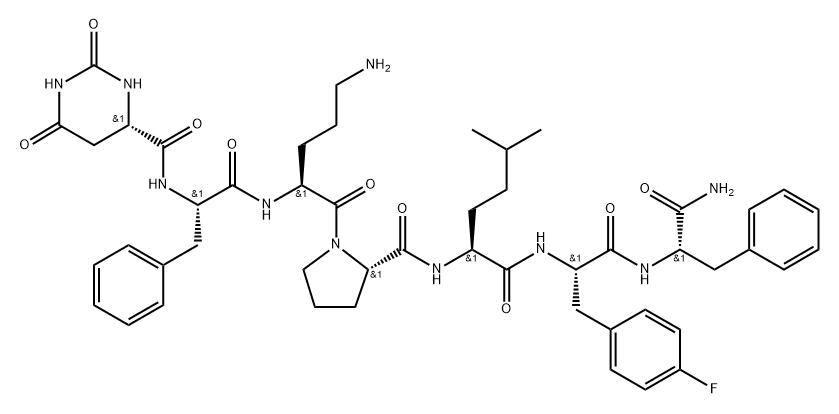 L-Phenylalaninamide, (4S)-hexahydro-2,6-dioxo-4-pyrimidinecarbonyl-L-phenylalanyl-L-ornithyl-L-prolyl-5-methyl-L-norleucyl-4-fluoro-L-phenylalanyl- Struktur