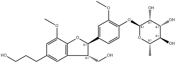 (2R,3S)-2-(3-メトキシ-4-β-D-ラムノピラノシルオキシフェニル)-3-(ヒドロキシメチル)-2,3-ジヒドロ-7-メトキシベンゾフラン-5-プロパン-1-オール 化学構造式