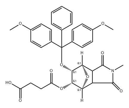 Butanedioic acid, 1-[(4S,5S,6R,7R)-6-[bis(4-methoxyphenyl)phenylmethoxy]octahydro-2-methyl-1,3-dioxo-4,7-epoxy-1H-isoindol-5-yl] ester, rel- Struktur