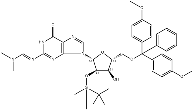 Guanosine, 5'-O-[bis(4-methoxyphenyl)phenylmethyl]-N-[(dimethylamino)methylene]-2'-O-[(1,1-dimethylethyl)dimethylsilyl]- Struktur