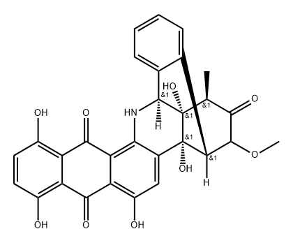 (1R)-3,4,4a,13,14,14a-ヘキサヒドロ-4a,6,8,11,14a-ペンタヒドロキシ-3β-メトキシ-1β-メチル-4,14-[1,2]ベンゼノナフト[2,3-c]フェナントリジン-2,7,12(1H)-トリオン 化学構造式