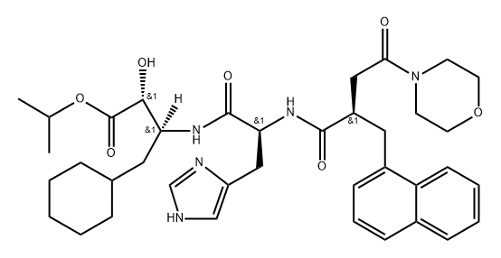 Cyclohexanebutanoicacid, a-hydroxy-b-[[(2S)-3-(1H-imidazol-5-yl)-2-[[(2R)-4-(4-morpholinyl)-2-(1-naphthalenylmethyl)-1,4-dioxobutyl]amino]-1-oxopropyl]amino]-,1-methylethyl ester, (aR,bS)- Struktur