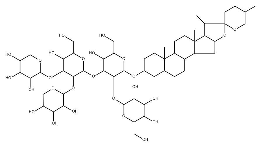 (5α-スピロスタン-3β-イル)2-O-(β-D-ガラクトピラノシル)-3-O-[2-O,3-O-ビス(β-D-キシロピラノシル)-β-D-グルコピラノシル]-β-D-グルコピラノシド 化学構造式