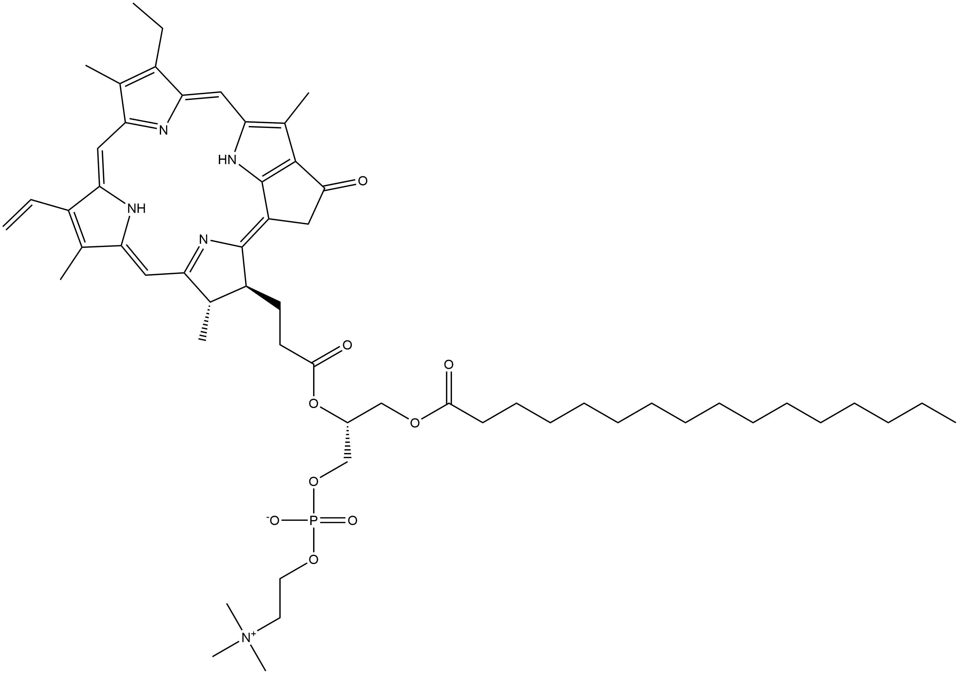 3,5,9-Trioxa-4-phosphapentacosan-1-aminium, 7-[3-[(3S,4S)-9-ethenyl-14-ethyl-4,8,13,18-tetramethyl-20-oxo-3-phorbinyl]-1-oxopropoxy]-4-hydroxy-N,N,N-trimethyl-10-oxo-, inner salt, 4-oxide, (7R)-,1287795-07-6,结构式