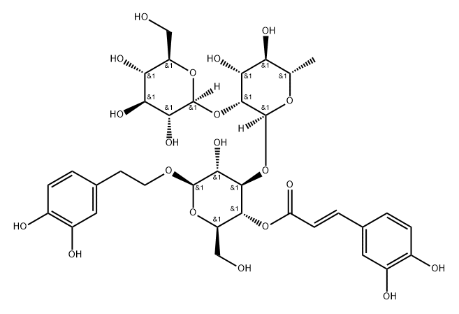[2-(3,4-ジヒドロキシフェニル)エチル]3-O-[2-O-(β-D-グルコピラノシル)-α-L-ラムノピラノシル]-4-O-[3-(3,4-ジヒドロキシフェニル)アクリロイル]-β-D-グルコピラノシド 化学構造式
