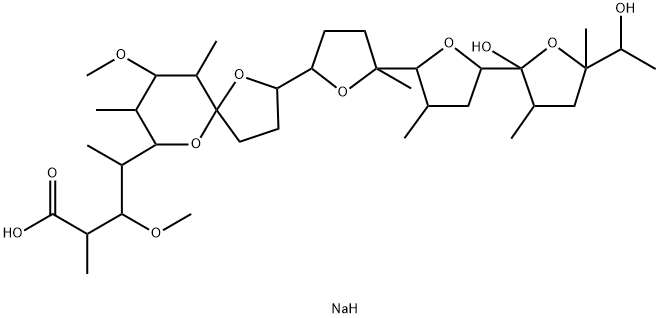 Monensin, 21,25-deepoxy-16-deethyl-12-demethyl-26-deoxy-21,24-epoxy-21-hydroxy-8,16-dimethyl-7-O-methyl-, monosodium salt, (8R,24S)- (9CI) Struktur