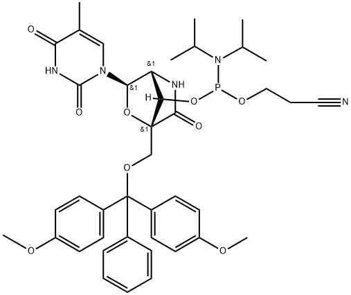 Phosphoramidous acid, N,N-bis(1-methylethyl)-, (1R,3R,4R,7S)-1-[[bis(4-methoxyphenyl)phenylmethoxy]methyl]-3-(3,4-dihydro-5-methyl-2,4-dioxo-1(2H)-pyrimidinyl)-6-oxo-2-oxa-5-azabicyclo[2.2.1]hept-7-yl 2-cyanoethyl ester Structure