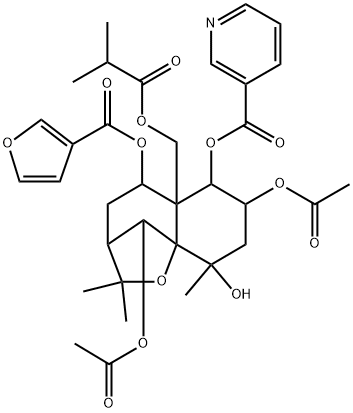 3-Pyridinecarboxylic acid, 7,10-bis(acetyloxy)-5-[(3-furanylcarbonyl)oxy]octahydro-9-hydroxy-2,2,9-trimethyl-5a-[(2-methyl-1-oxopropoxy)methyl]-2H-3,9a-methano-1-benzoxepin-6-yl ester, [3R-(3α,5β,5aα,6α,7α,9β,9aα,10R*)]- (9CI) 结构式