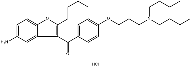 Dronedarone Related Compound B (20 mg) ((5-Amino-2-butylbenzofuran-3-yl){4-[3-(dibutylamino)propoxy]phenyl}methanone, dihydrochloride) Structure