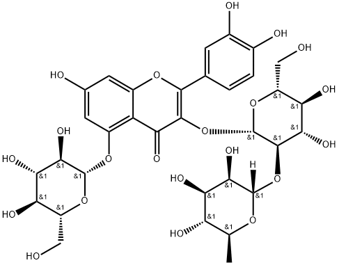 4H-1-Benzopyran-4-one, 3-[[2-O-(6-deoxy-α-L-mannopyranosyl)-β-D-glucopyranosyl]oxy]-2-(3,4-dihydroxyphenyl)-5-(β-D-glucopyranosyloxy)-7-hydroxy- Struktur