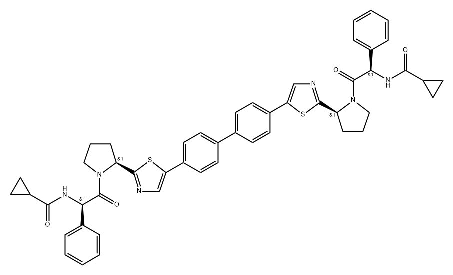 Cyclopropanecarboxamide, N,N'-[[1,1'-biphenyl]-4,4'-diylbis[5,2-thiazolediyl-(2S)-2,1-pyrrolidinediyl[(1R)-2-oxo-1-phenyl-2,1-ethanediyl]]]bis-,1310694-75-7,结构式