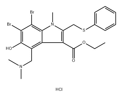 Ethyl 6,7-dibromo-4-((dimethylamino)methyl)-5-hydroxy-1-methyl-2-((phenylthio)methyl)-1H-indole-3-carboxylate hydrochloride 化学構造式