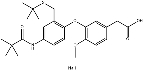 Benzeneacetic acid, 3-[2-[[(1,1-dimethylethyl)thio]methyl]-4-[(2,2-dimethyl-1-oxopropyl)amino]phenoxy]-4-methoxy-, sodium salt (1:1) Struktur