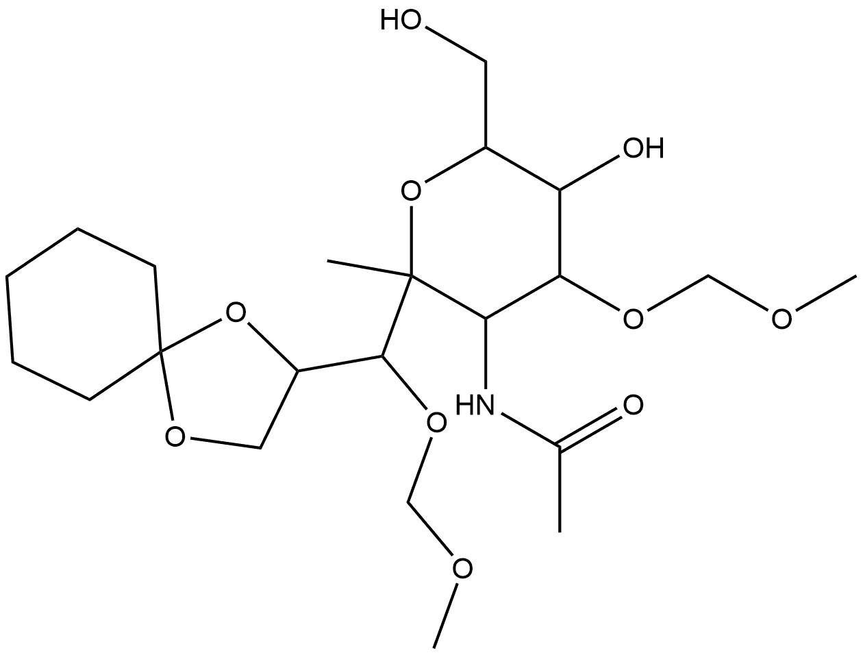 5-Acetamido-2,6-anhydro-8,9-O-cyclohexylidene-5-deoxy-4,7-bis-O-(methoxymethyl)-6-C-methyl-D-arabino-L-gulo-nonitol,131424-65-2,结构式