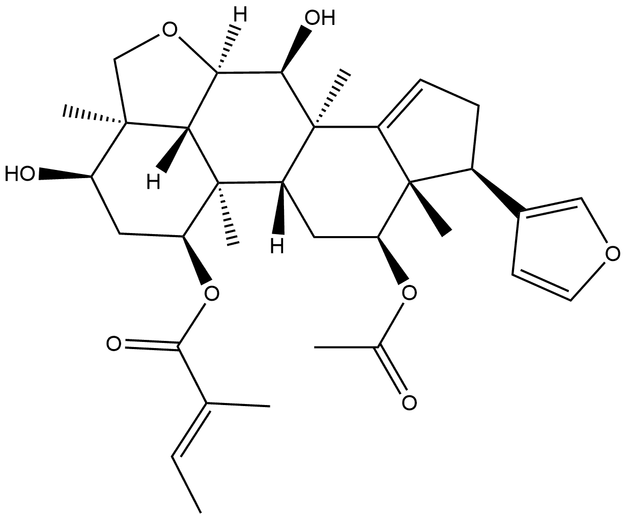 24-Norchola-5,14,20,22-tetraeno[6,5,4-bc]furan-1,3,7,12-tetrol, 21,23-epoxy-4,5,5',6-tetrahydro-4,8-dimethyl-, 12-acetate 1-[(2E)-2-methyl-2-butenoate], (1α,3α,4β,5α,6β,7α,12α,13α,17α)-|