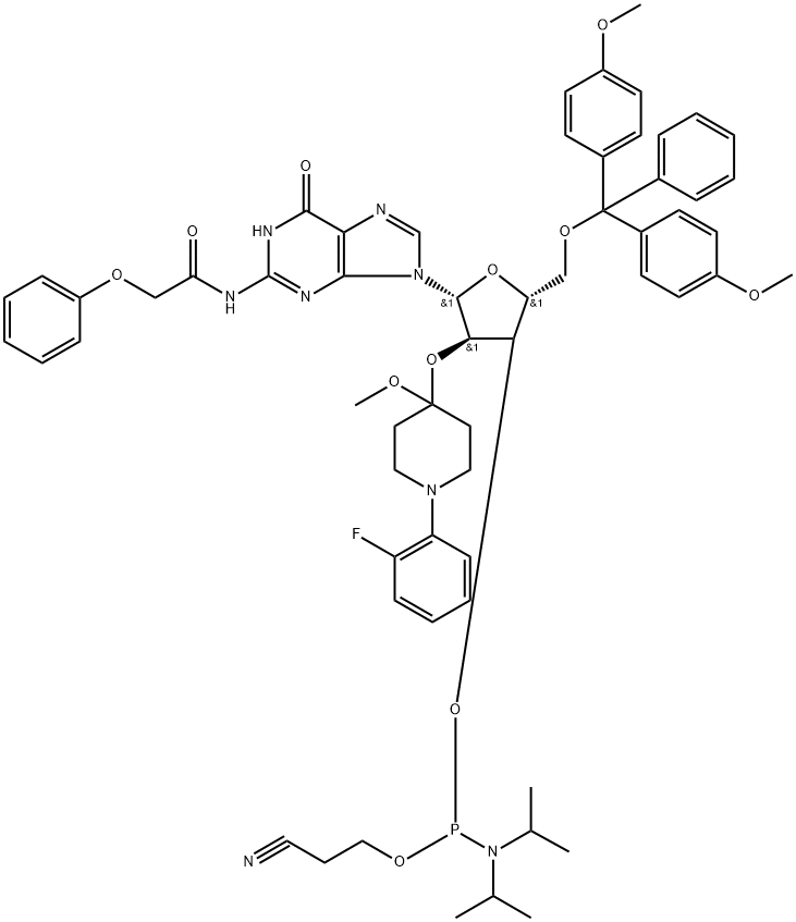 N-blocked-5'-O-DMT-2'-O-Fpmp CED guanosine phosphoramidite Structure