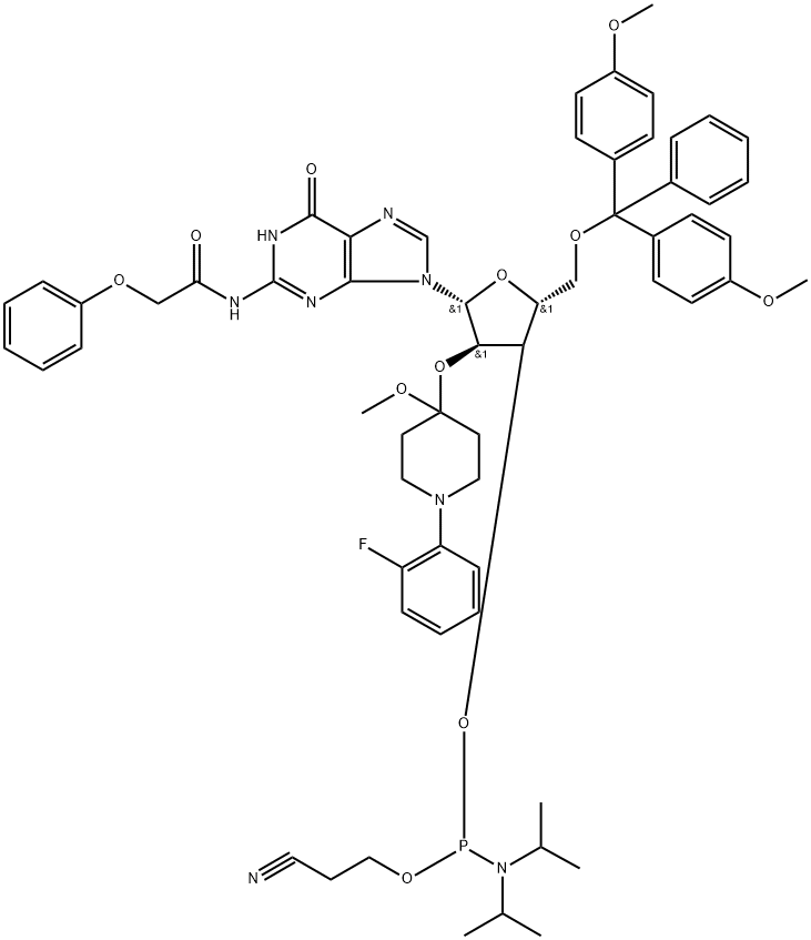 N-blocked-5'-O-DMT-2'-O-Fpmp CED guanosine phosphoramidite 结构式