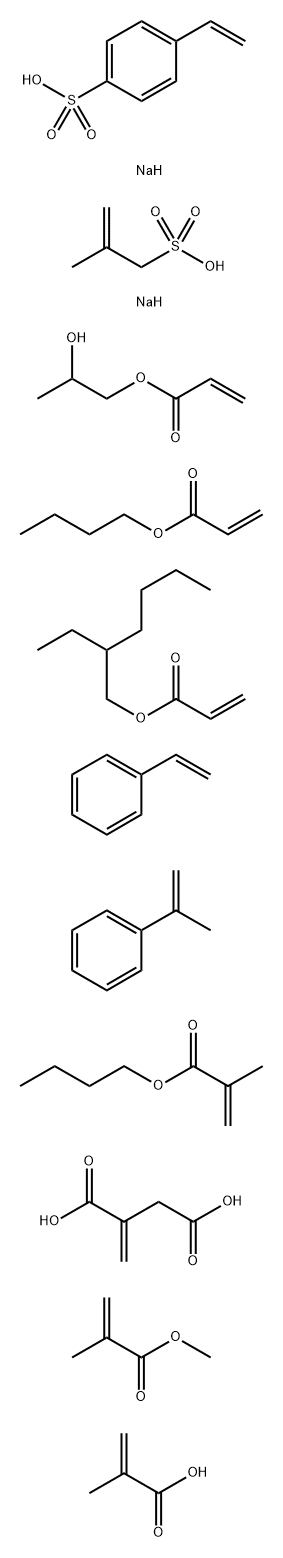 Butanedioic acid, 2-methylene-, polymer with butyl 2-methyl-2-propenoate, butyl 2-propenoate, ethenylbenzene, 2-ethylhexyl 2-propenoate, 2-hydroxypropyl 2-propenoate, (1-methylethenyl)benzene, methyl 2-methyl-2-propenoate, 2-methyl-2-propenoic acid, sodium 4-ethenylbenzenesulfonate (1:1) and sodium 2-methyl-2-propene-1-sulfonate (1:1), sodium salt Structure