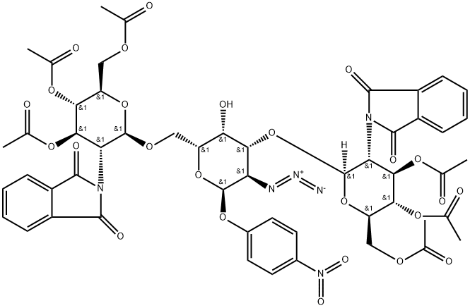 4-Nitrophenyl O-3,4,6-tri-O-acetyl-2-deoxy-2-(1,3-dihydro-1,3-dioxo-2H-isoindol-2-yl)-β-D-glucopyranosyl-(1→3)-O-[3,4,6-tri-O-acetyl-2-deoxy-2-(1,3-dihydro-1,3-dioxo-2H-isoindol-2-yl)-β-D-glucopyranosyl-(1→6)]-2-azido-2-deoxy-α-D-galactopyranoside 结构式