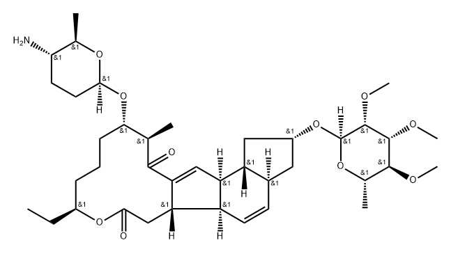 1H-as-Indaceno3,2-doxacyclododecin-7,15-dione, 13-(2R,5S,6R)-5-aminotetrahydro-6-methyl-2H-pyran-2-yloxy-2-(6-deoxy-2,3,4-tri-O-methyl-.alpha.-L-mannopyranosyl)oxy-9-ethyl-2,3,3a,5a,5b,6,9,10,11,12,13,14,16a,16b-tetradecahydro-14-methyl-, (2R,3aS,5aR,5bS, Struktur