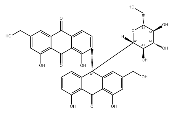 [2,9'-Bianthracene]-9,10,10'(9'H)-trione, 9'-β-D-glucopyranosyl-1,4',5',8-tetrahydroxy-2',6-bis(hydroxymethyl)-, (9'R)- Struktur