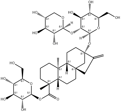 Kaur-16-en-18-oic acid, 13-[(2-O-β-D-xylopyranosyl-β-D-glucopyranosyl)oxy]-, β-D-glucopyranosyl ester, (4α)-, 1326217-33-7, 结构式