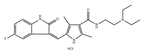 (Z)-N-(2-(diethylamino)ethyl)-5-((5-fluoro-2-oxoindolin-3-ylidene)methyl)-2,4-dimethyl-1H-pyrrole-3-carboxamide hydrochloride 化学構造式