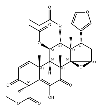 (13α,17α)-11β-アセトキシ-14β,15β:21,23-ジエポキシ-6-ヒドロキシ-4,8-ジメチル-3,7-ジオキソ-12α-プロパノイルオキシ-24-ノルコラ-1,5,20,22-テトラエン-4β-カルボン酸メチル 化学構造式