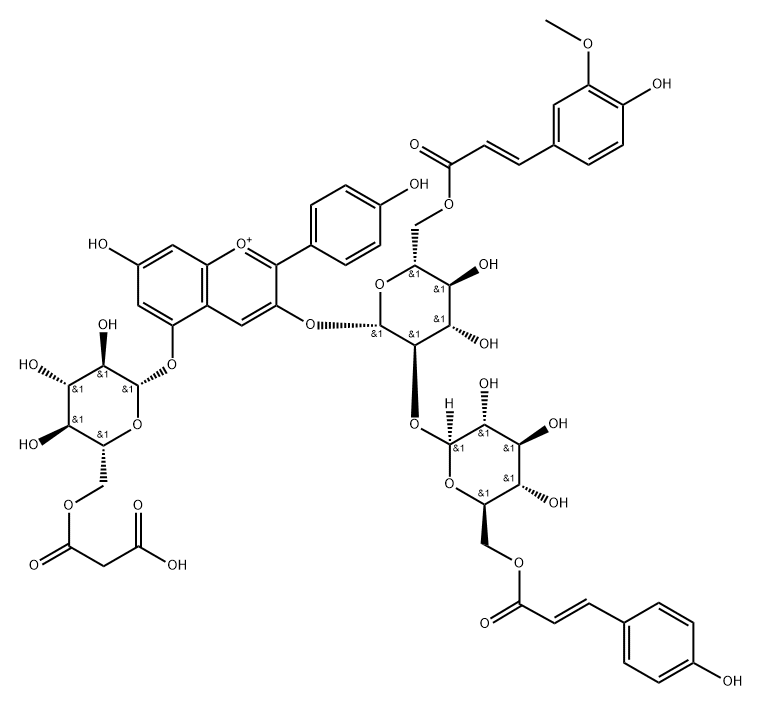 Pelargonidin 3-O-[6-O-(E)-Ferulyl-2-O-{6-O-(E)-P-coumarin-β-D-glucoside}-β-D-glucoside]-5-O-(6-O-malonyl)-β-D-glucoside Struktur