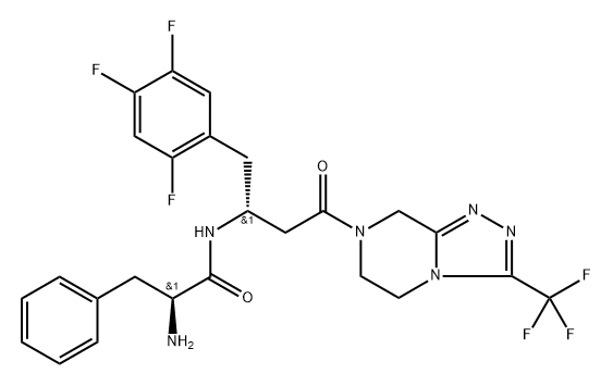 Benzenepropanamide, α-amino-N-[(1R)-3-[5,6-dihydro-3-(trifluoromethyl)-1,2,4-triazolo[4,3-a]pyrazin-7(8H)-yl]-3-oxo-1-[(2,4,5-trifluorophenyl)methyl]propyl]-, (αS)- 化学構造式