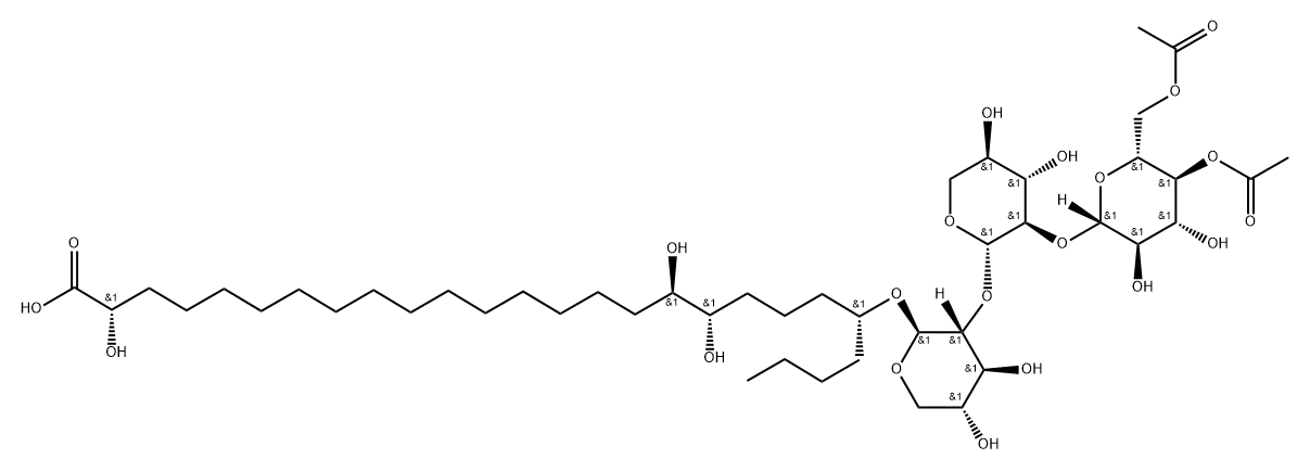 Hexacosanoic acid, 22-([O-4,6-di-O-acetyl-β-D-glucopyranosyl-(1→2)-O-β-D-xylopyranosyl-(1→2)-β-D-xylopyranosyl]oxy)-2,17,18-trihydroxy-, (2S,17R,18S,22R)- Struktur