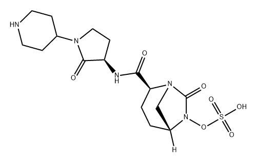 (2S,5R)-7-oxo-N-[(3R)-1-piperidin-4-yl-2-oxopyrrolidin-3-yl]-6-(sulfooxy)-1,6-diazabicyclo[3.2.1]octane-2-carboxamide Struktur