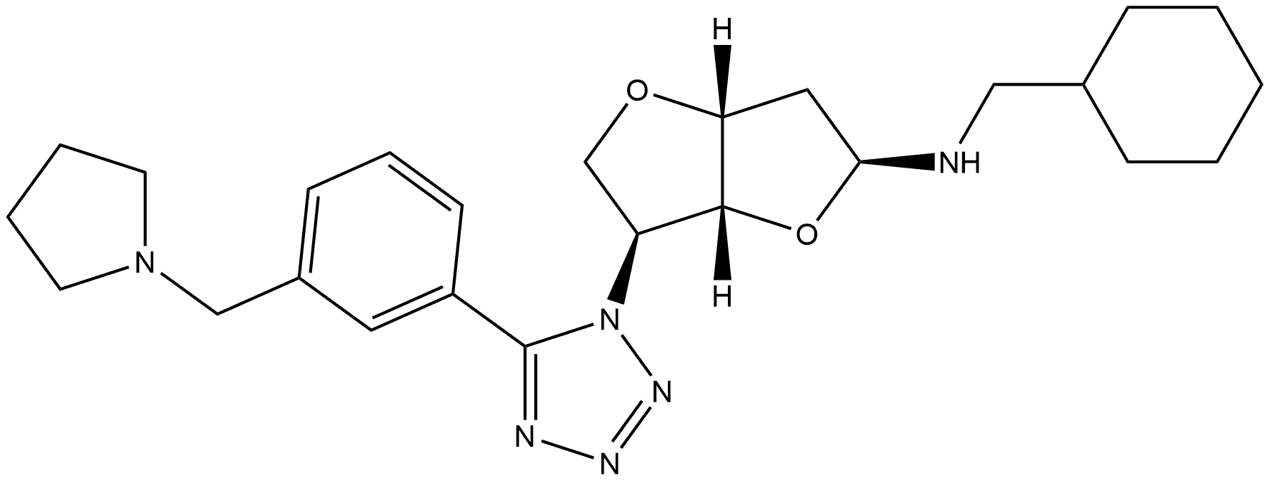 β-L-xylo-Hexofuranosylamine, 3,6-anhydro-N-(cyclohexylmethyl)-2,5-dideoxy-5-[5-[3-(1-pyrrolidinylmethyl)phenyl]-1H-tetrazol-1-yl]- 化学構造式