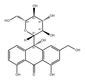 9(10H)-Anthracenone, 10-β-D-glucopyranosyl-1,8,10-trihydroxy-3-(hydroxymethyl)-, (10S)- 化学構造式