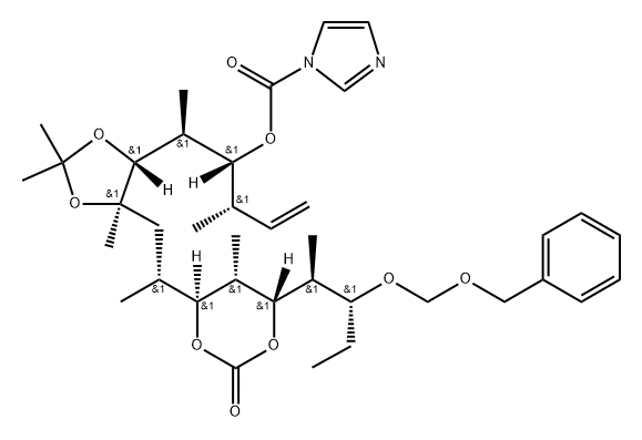 14-benzyloxymethoxy-10,12-O-carbonyl-4-N-imidazolylcarbonyl-6,7-isopropylidene-3,5,7,9,11,13-hexamethylhexadec-1-ene-4,6,7,10,12,14-hexol 化学構造式