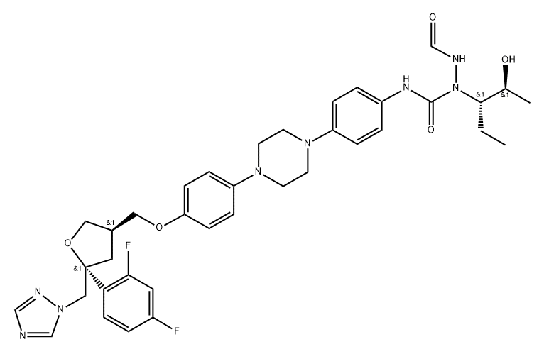 D-threo-Pentitol, 2,5-anhydro-1,3,4-trideoxy-2-C-(2,4-difluorophenyl)-4-[[4-[4-[4-[[[1-[(1S,2S)-1-ethyl-2-hydroxypropyl]-2-formylhydrazinyl]carbonyl]amino]phenyl]-1-piperazinyl]phenoxy]methyl]-1-(1H-1,2,4-triazol-1-yl)-,1350560-57-4,结构式