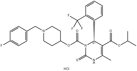 1,5(2H)-Pyrimidinedicarboxylic acid, 3,6-dihydro-4-methyl-2-thioxo-6-[2-(trifluoromethyl)phenyl]-, 1-[1-[(4-fluorophenyl)methyl]-4-piperidinyl] 5-(1-methylethyl) ester, hydrochloride (1:1), (6R)- Struktur