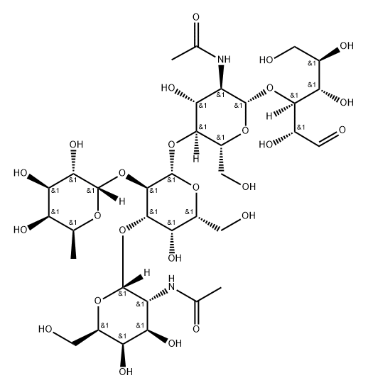 O-2-(乙酰氨基)-2-脱氧-ALPHA-D-吡喃半乳糖基-(1-3)-O-[6-脱氧-ALPHA-L-吡喃半乳糖基-(1-2)]-O-BETA-D-吡喃半乳糖基-(1-4)-O-2-(乙酰氨基)-2-脱氧-BETA-D-吡喃葡萄糖基-(1-3)-D-半乳糖,1352644-11-1,结构式