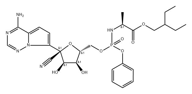 (2S)-2-ethylbutyl 2-(((((2R,3S,4R,5R)-5-(4-aminopyrrolo[2,1-f][1,2,4]triazin-7-yl)-5-cyano-3,4-dihydroxytetrahydrofuran-2-yl)methoxy)(phenoxy)phosphoryl)amino)propanoate,1355050-11-1,结构式