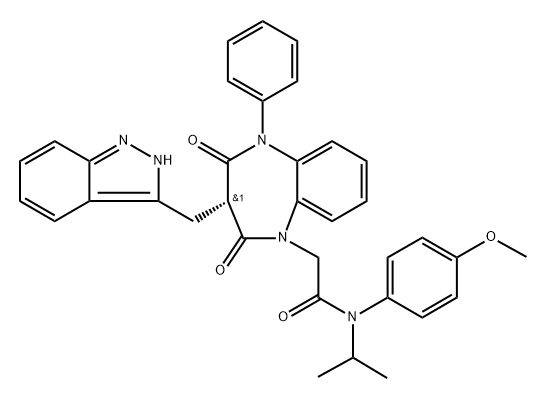 N-イソプロピル-N-(4-メトキシフェニル)-3-(1H-インダゾール-3-イルメチル)-5-フェニル-2,4-ジオキソ-2,3,4,5-テトラヒドロ-1H-1,5-ベンゾジアゼピン-1-アセトアミド 化学構造式