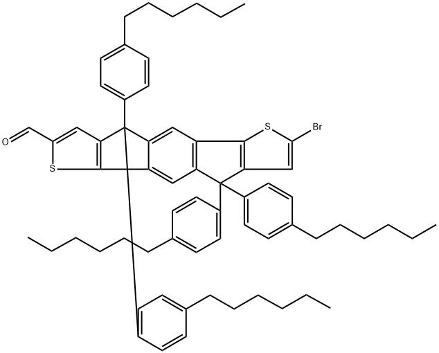 7-Bromo-4,4,9,9-tetrakis(4-hexylphenyl)-4,9-dihydro-s-indaceno[1,2-b:5,6-b']dithiophene-2-carbaldehyde 化学構造式