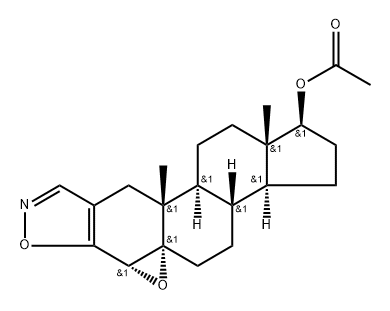Androst-2-eno[2,3-d]isoxazol-17-ol, 4,5-epoxy-, acetate (ester), (4α,5α,17β)- (9CI) 化学構造式